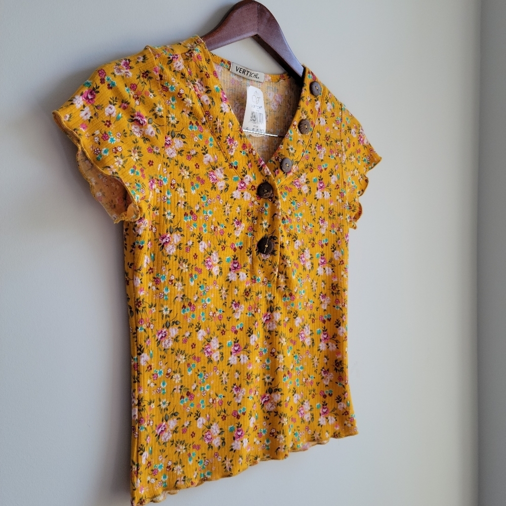 Yellow Floral Short Sleeve Button Front Top - Picture 2 of 5